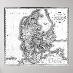 Pôster Mapa do vintage de Dinamarca (1801) BW