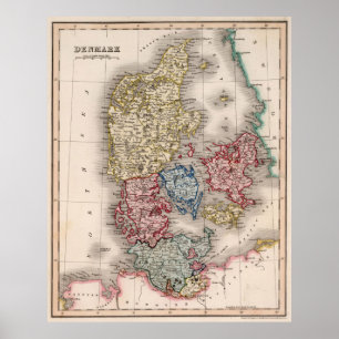 Poster Mapa do vintage de Dinamarca (1838)