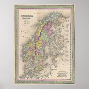 Poster Mapa do vintage de Escandinávia (1850)