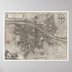 Pôster Mapa do vintage de Florença Italia (1847)