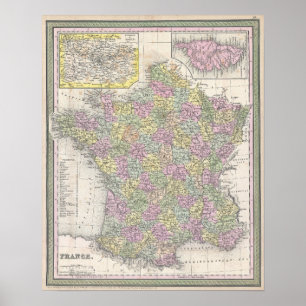 Poster Mapa do vintage de France, 1853