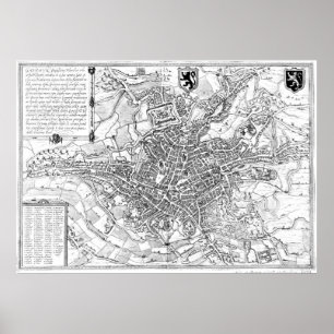 Pôster Mapa do vintage de Ghent Bélgica (1650) BW