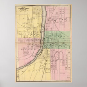 Pôster Mapa do vintage de Grand Rapids Michigan (1873)