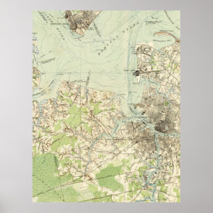Poster Mapa do vintage de Hampton Roads (1918)