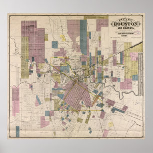 Pôster Mapa do vintage de Houston Texas (1895)