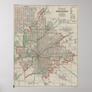 Poster Mapa do vintage de Indianapolis Indiana (1921)