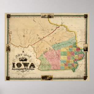 Pôster Mapa do vintage de Iowa (1845)