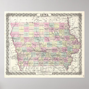 Pôster Mapa do vintage de Iowa (1855)