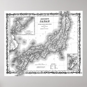 Pôster Mapa do vintage de Japão (1855) BW