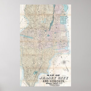 Poster Mapa do vintage de Jersey City e de Hoboken (1886)