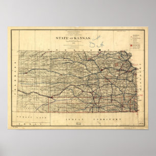 Poster Mapa do vintage de Kansas (1884)