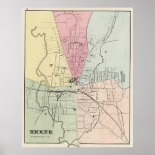 Poster Mapa do vintage de Keene New Hampshire (1877)