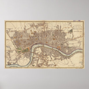 Pôster Mapa do vintage de Londres Inglaterra (1807)