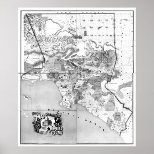 Pôster Mapa do vintage de Los Angeles County CA (1888) BW