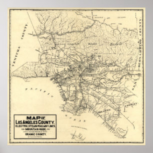 Pôster Mapa do vintage de Los Angeles County, Califórnia