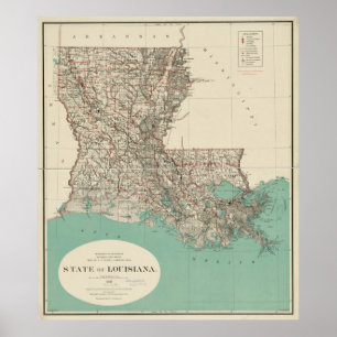 Poster Mapa do vintage de Louisiana (1887)