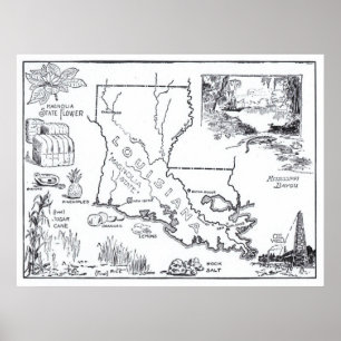 Poster Mapa do vintage de Louisiana (1912)