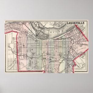 Poster Mapa do vintage de Louisville Kentucky (1884)