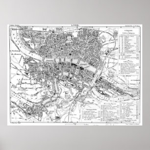 Pôster Mapa do vintage de Lyon France (1888) BW