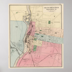 Pôster Mapa do vintage de Manchester New Hampshire (1877)