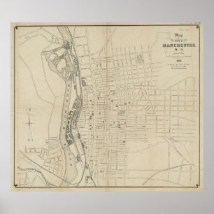 Poster Mapa do vintage de Manchester NH (1872)