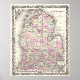 Pôster Mapa do vintage de Michigan (1855)