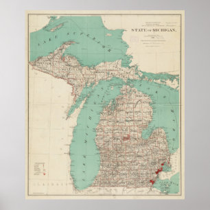 Poster Mapa do vintage de Michigan (1888)