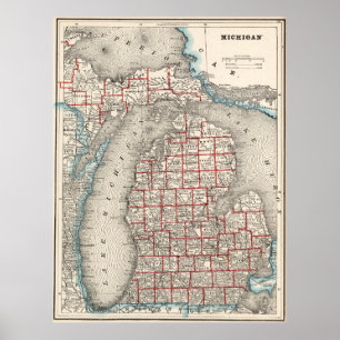 Poster Mapa do vintage de Michigan (1893)