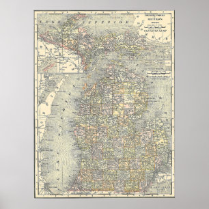 Pôster Mapa do vintage de Michigan (1901)