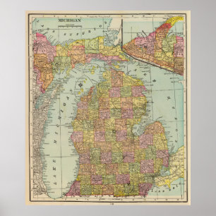 Poster Mapa do vintage de Michigan (1909)
