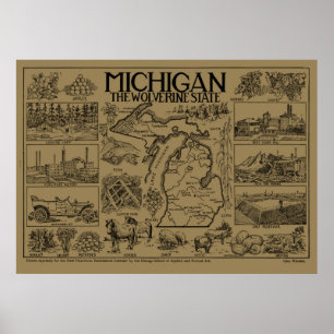 Poster Mapa do vintage de Michigan (1912) - Tan