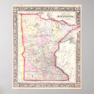 Poster Mapa do vintage de Minnesota, 1864