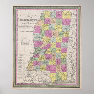 Poster Mapa do vintage de Mississippi, 1853