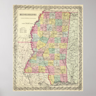 Pôster Mapa do vintage de Mississippi (1856)