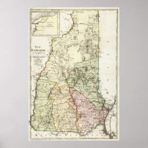 Poster Mapa do vintage de New Hampshire (1796)