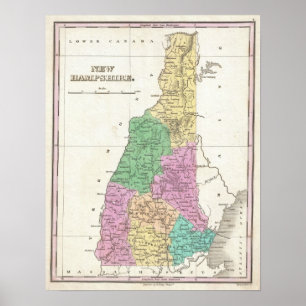 Poster Mapa do vintage de New Hampshire (1827)