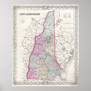 Poster Mapa do vintage de New Hampshire (1855)