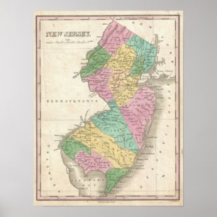 Poster Mapa do vintage de New-jersey (1827)