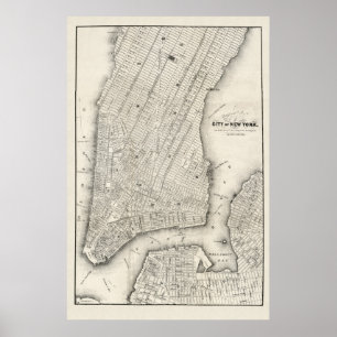Poster Mapa do vintage de New York & de Brooklyn, 1860
