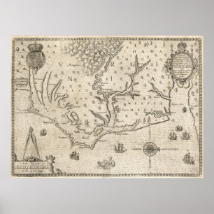 Pôster Mapa do vintage de North Carolina litoral (1590)