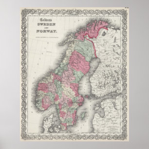 Pôster Mapa do vintage de Noruega e de suecia (1865)