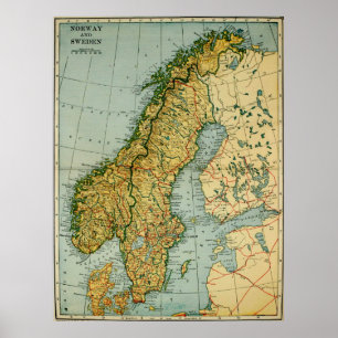 Poster Mapa do vintage de Noruega e de Suecia (1921)