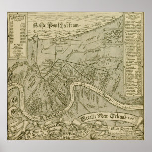 Pôster Mapa do vintage de Nova Orleães Louisiana (1919)