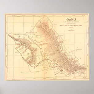 Poster Mapa do vintage de Oahu Havaí (1901)