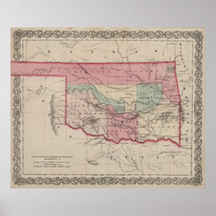 Poster Mapa do vintage de Oklahoma (1869)