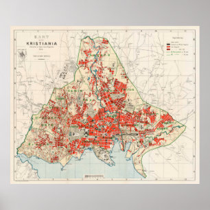 Pôster Mapa do vintage de Oslo Noruega (1911)