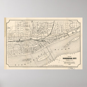 Poster Mapa do vintage de PA de Harrisburg (1877)