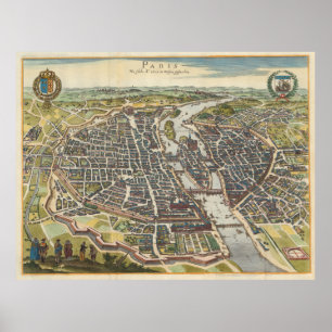 Poster Mapa do vintage de Paris France (1655)