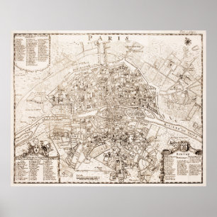 Pôster Mapa do vintage de Paris France (1742)