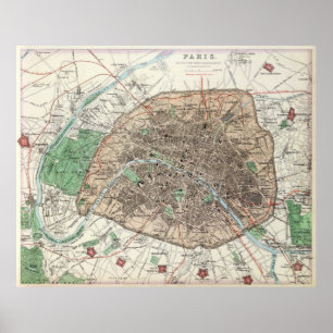 Pôster Mapa do vintage de Paris France (1872)